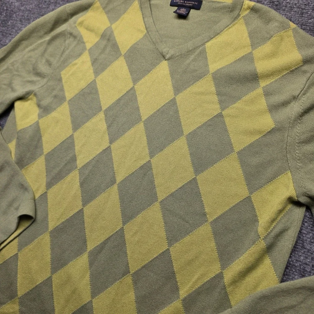 Vintage Banana Republic Mens Large Silk Cashmere Argyle Sweater Sage Lime V-Neck